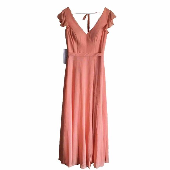 AZAZIE CLAUDINE A-Line Flutter Sleeve Chiffon Floor-Length Dress Sunset Size 4 - Picture 5 of 14